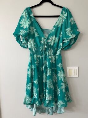 🌿 Women’s Green Floral Mini Dress | Puff Sleeve | Smocked Waist | XL A1